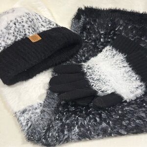 Black and White Knit Scarf, Hat, and Gloves Set
